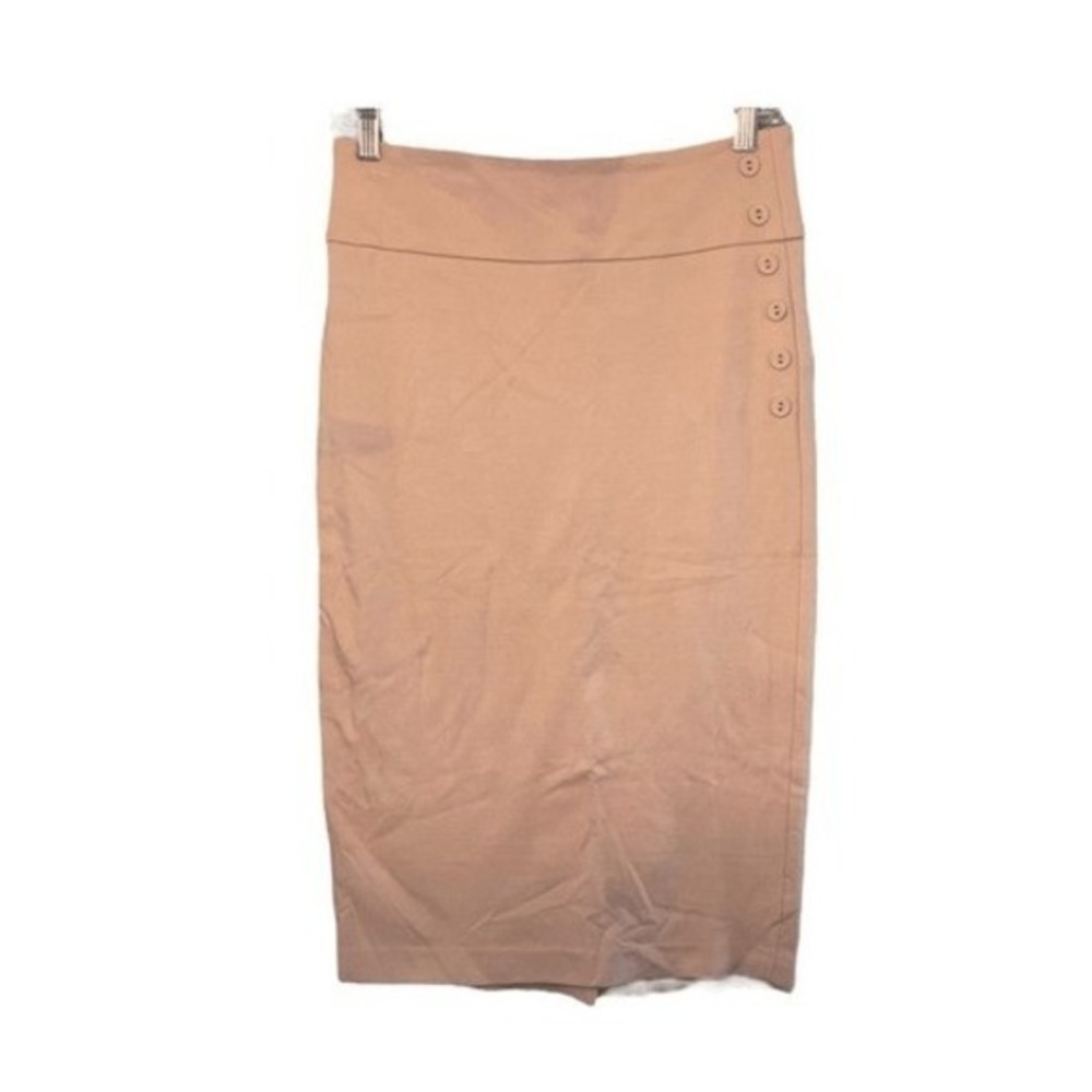 Catherine Malandrino Stretch Midi Skirt Tan Knit Pencil Front Button Detail 2